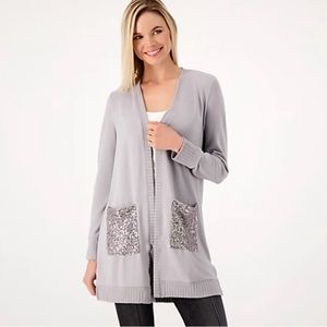 QVC Jingle Belles by Kim Gravel Sequin Pocket Brushed Knit Duster Cardigan GREY